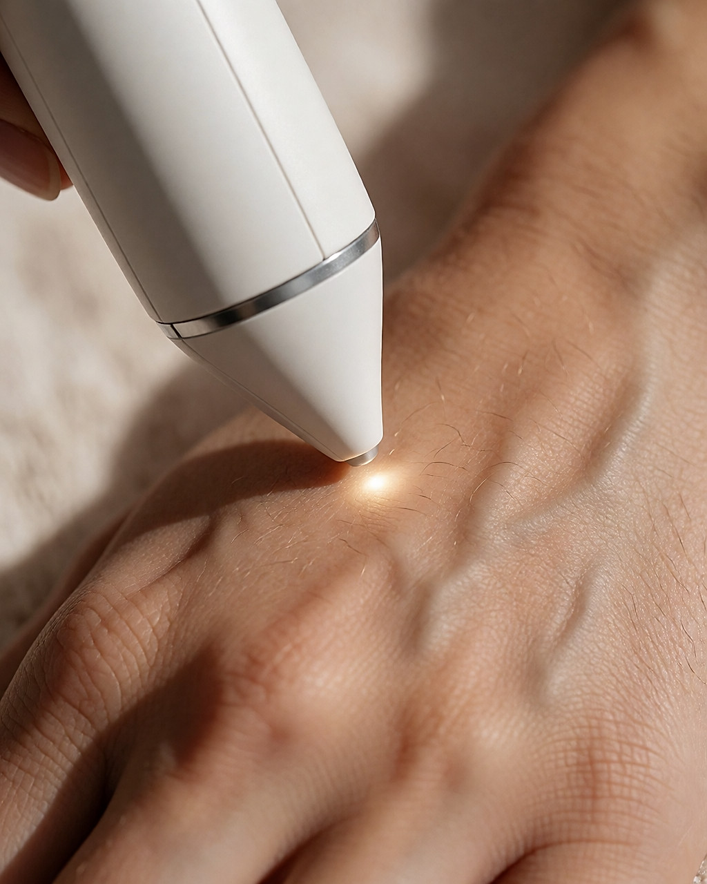 Gros plan du faisceau lumineux d'une pièce à main laser effleurant une peau portant quelques poils fins et foncés