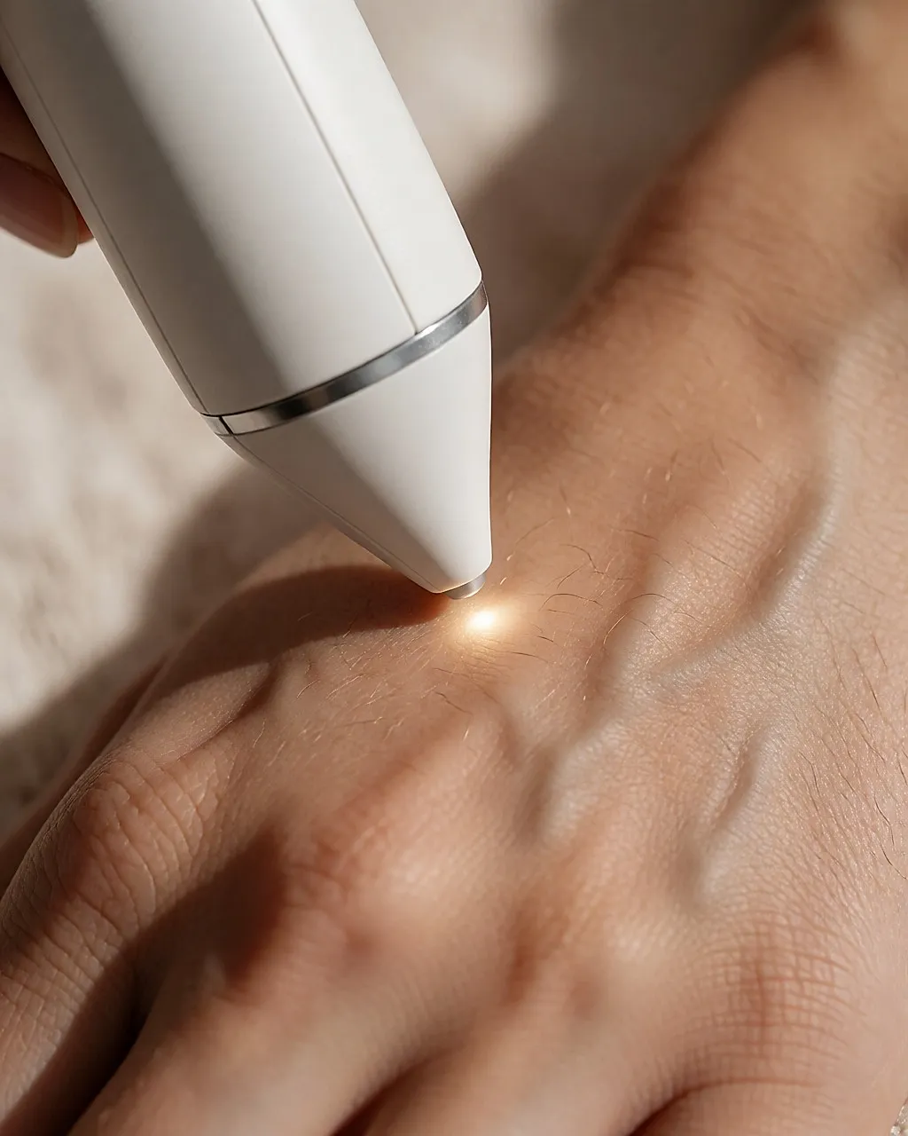 Nahaufnahme des Lichtstrahls eines Laser-Handstücks, der über Haut mit feinen, dunklen Härchen streicht