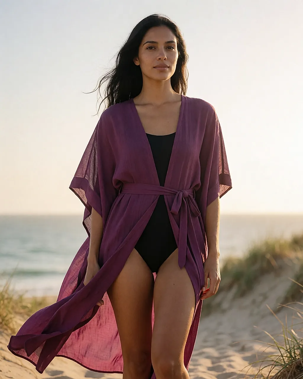 A woman on a dune wears a belted purple Eres kaftan over swimwear