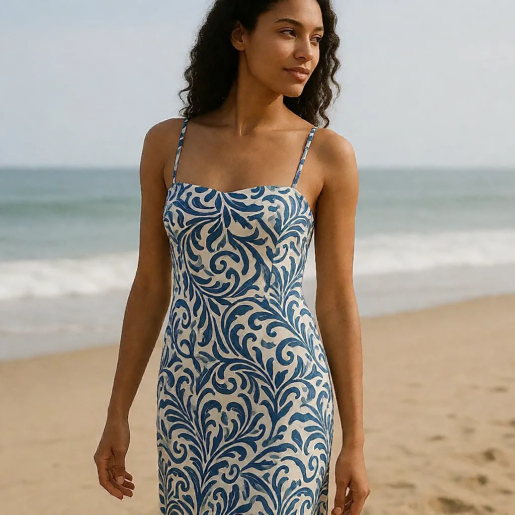 A woman on the beach wears an Eres swimsuit and a voile sarong