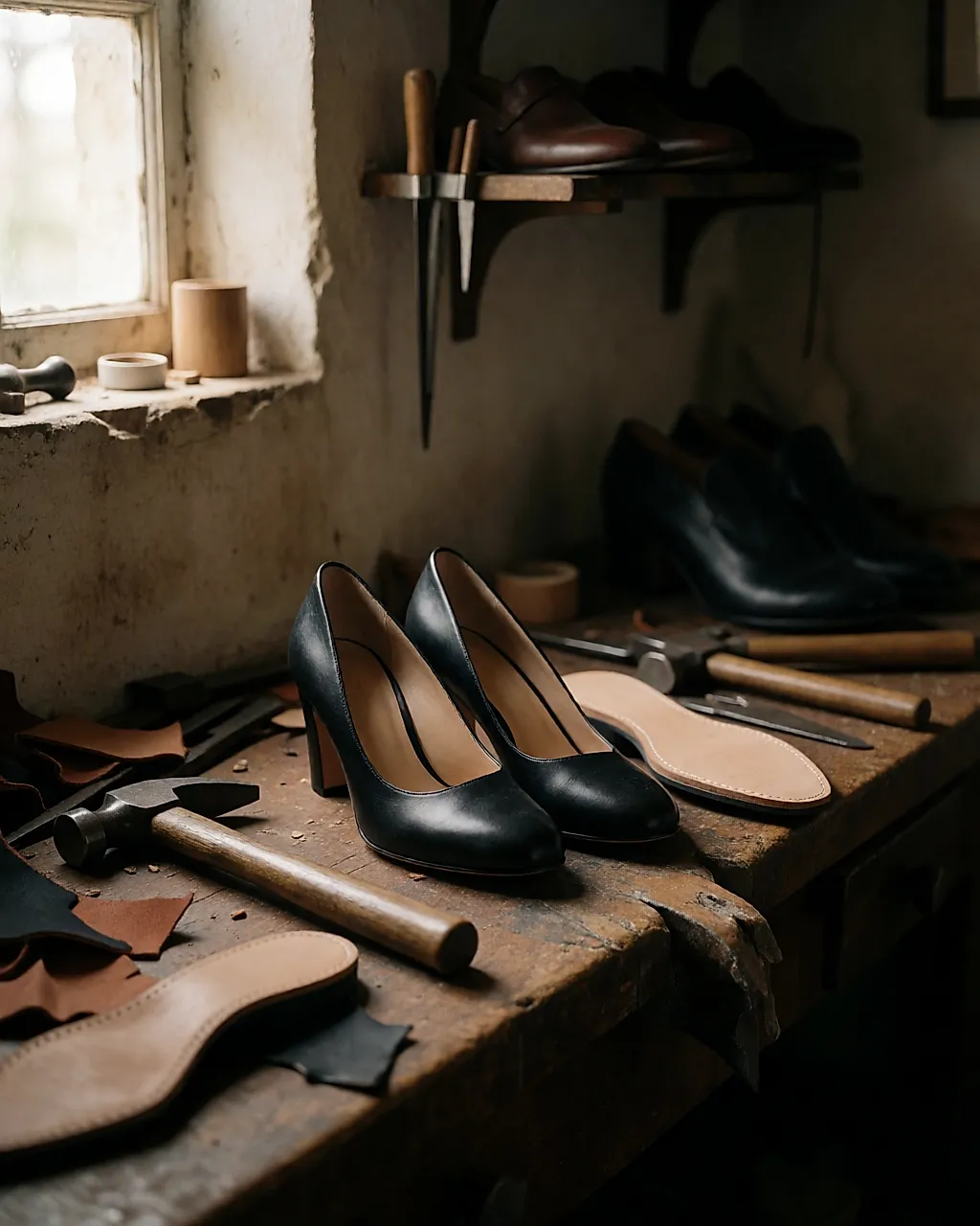 Par de zapatos de salón de piel en el banco de un zapatero, rodeados de herramientas