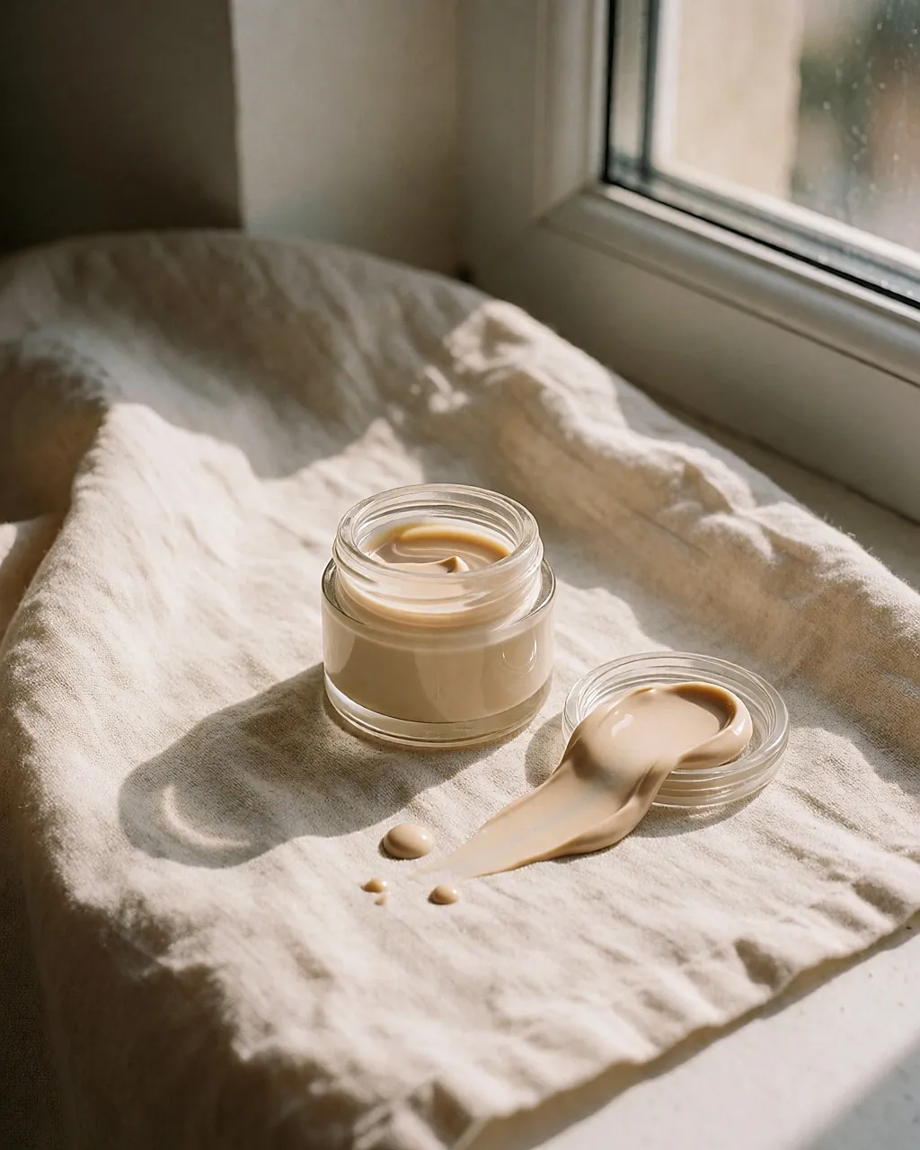 Tarro de vidrio de crema con color abierto, una marca de producto beige en la tapa, sobre lino arrugado