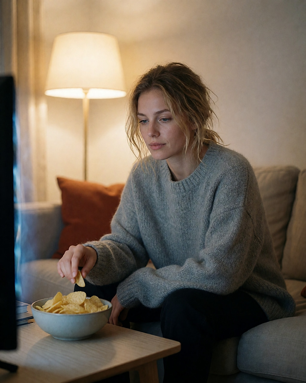 Jeune femme hésitant devant un bol de chips sur un canapé le soir