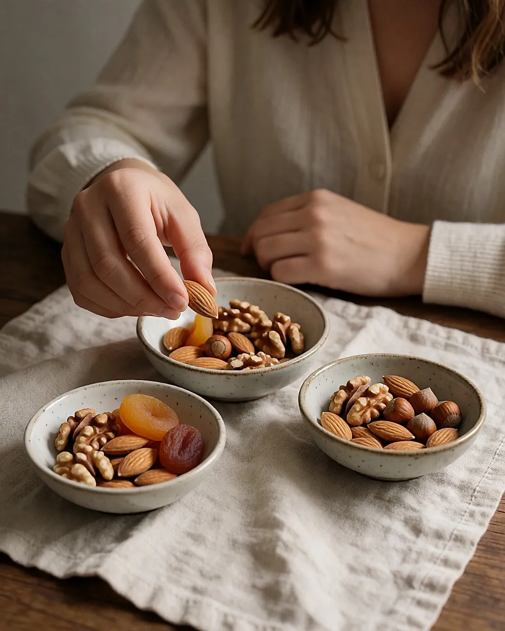 Kleine Schälchen mit Trockenfrüchten und Nüssen auf Leinen