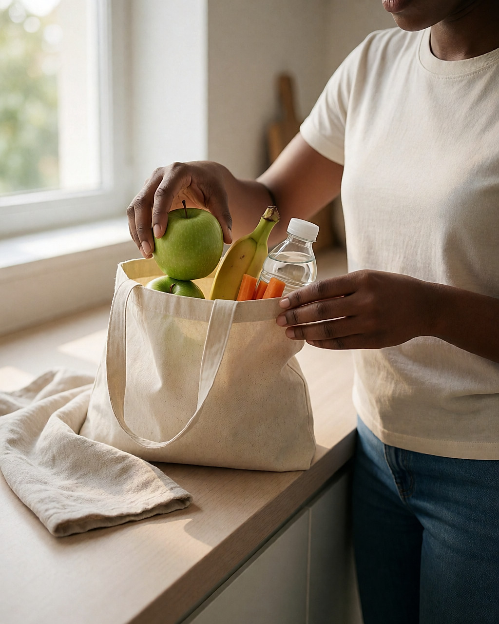 Mains remplissant un cabas de pomme, banane et bouteille d'eau