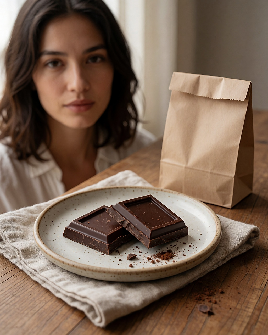 Deux carrés de chocolat noir cassés sur une petite assiette en grès