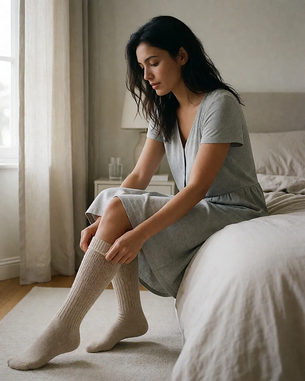 Mujer poniéndose un calcetín de compresión al borde de la cama al despertar