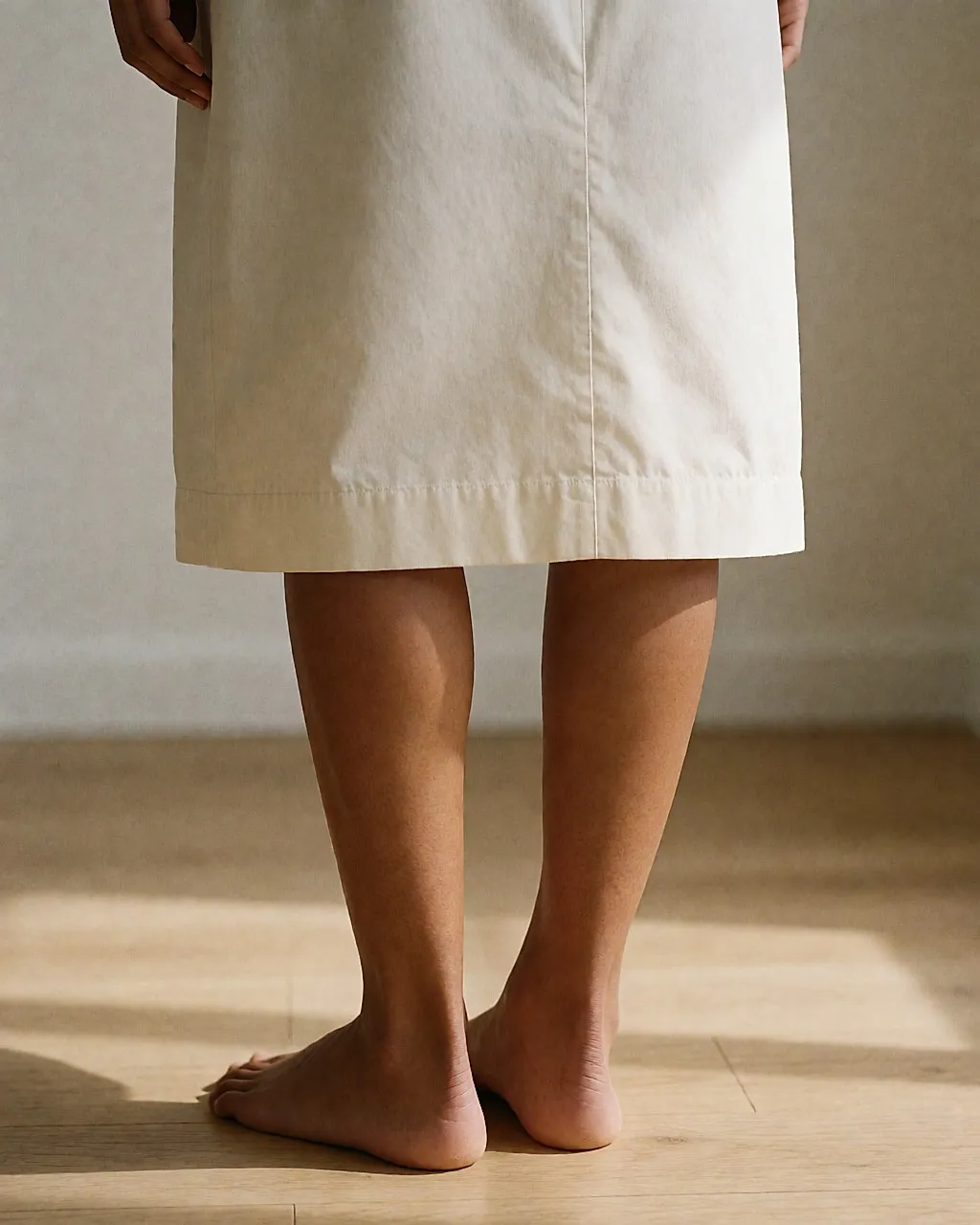 Detalle de las pantorrillas y los tobillos de una mujer de pie, con venas finas visibles bajo la piel
