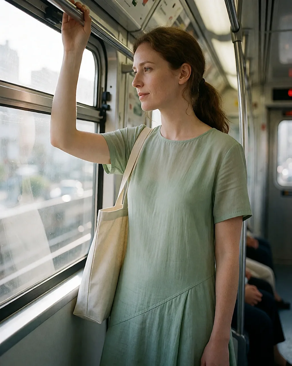 Mujer de pie en un tren, con una mano en la barra y el peso sobre una pierna
