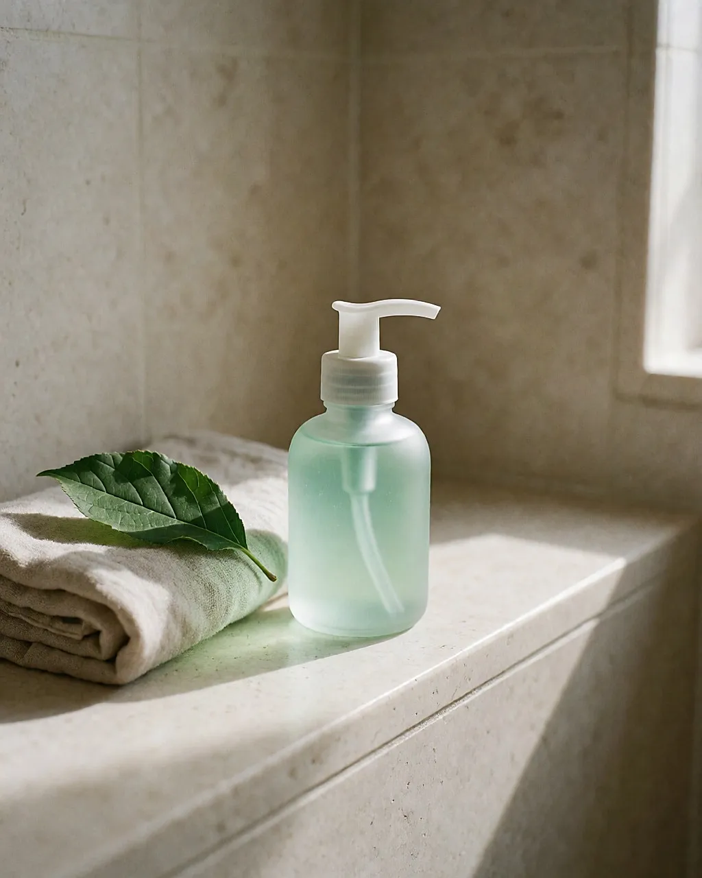 Frasco de vidrio con dosificador de gel para piernas cansadas en una estantería del baño
