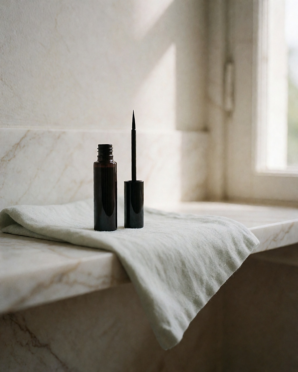 Flacon de liner liquide noir au pinceau extra-fin posé sur une étagère de marbre clair