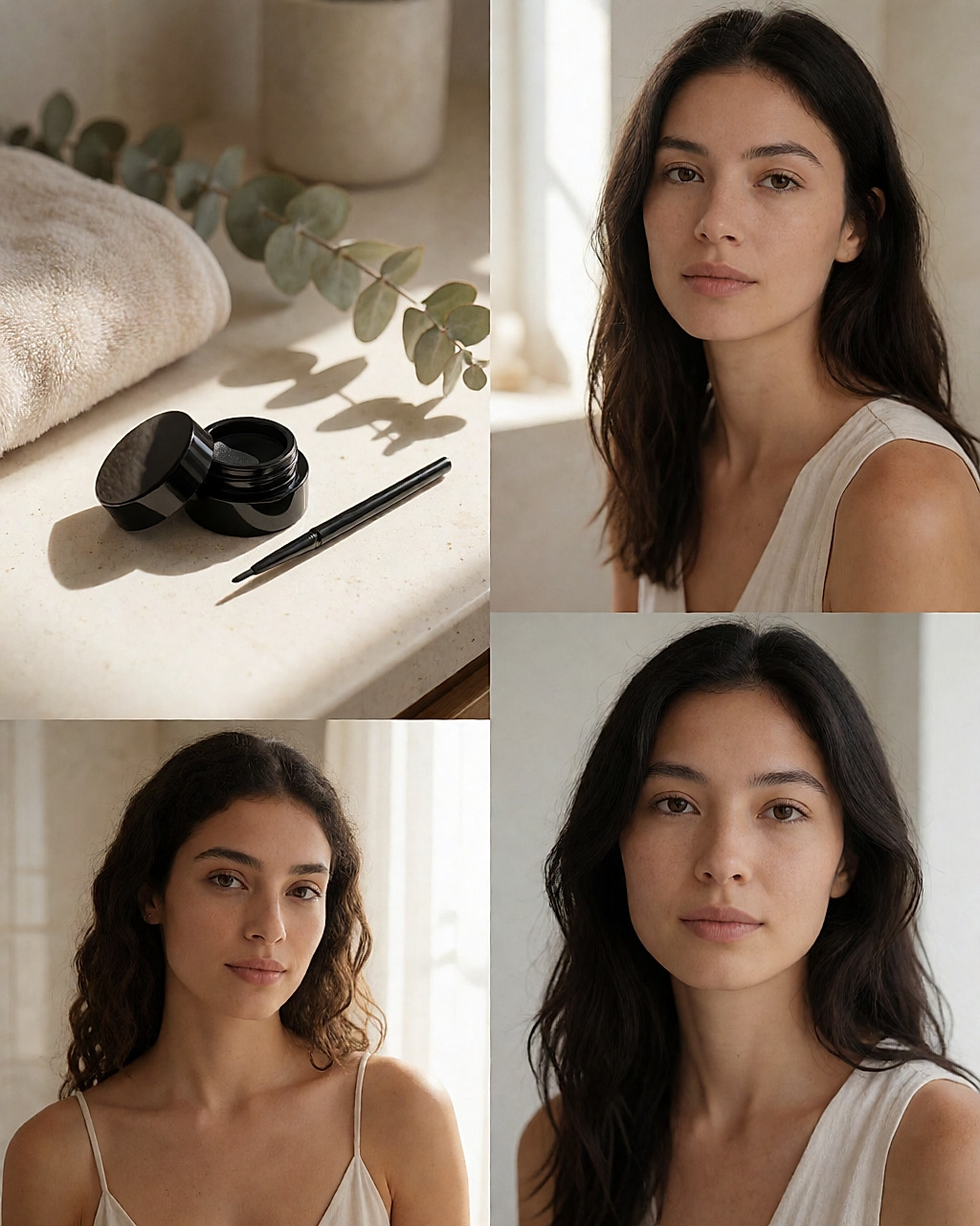 Petit pot de khôl crème noir ouvert avec son pinceau, sur un comptoir de salle de bain lumineux