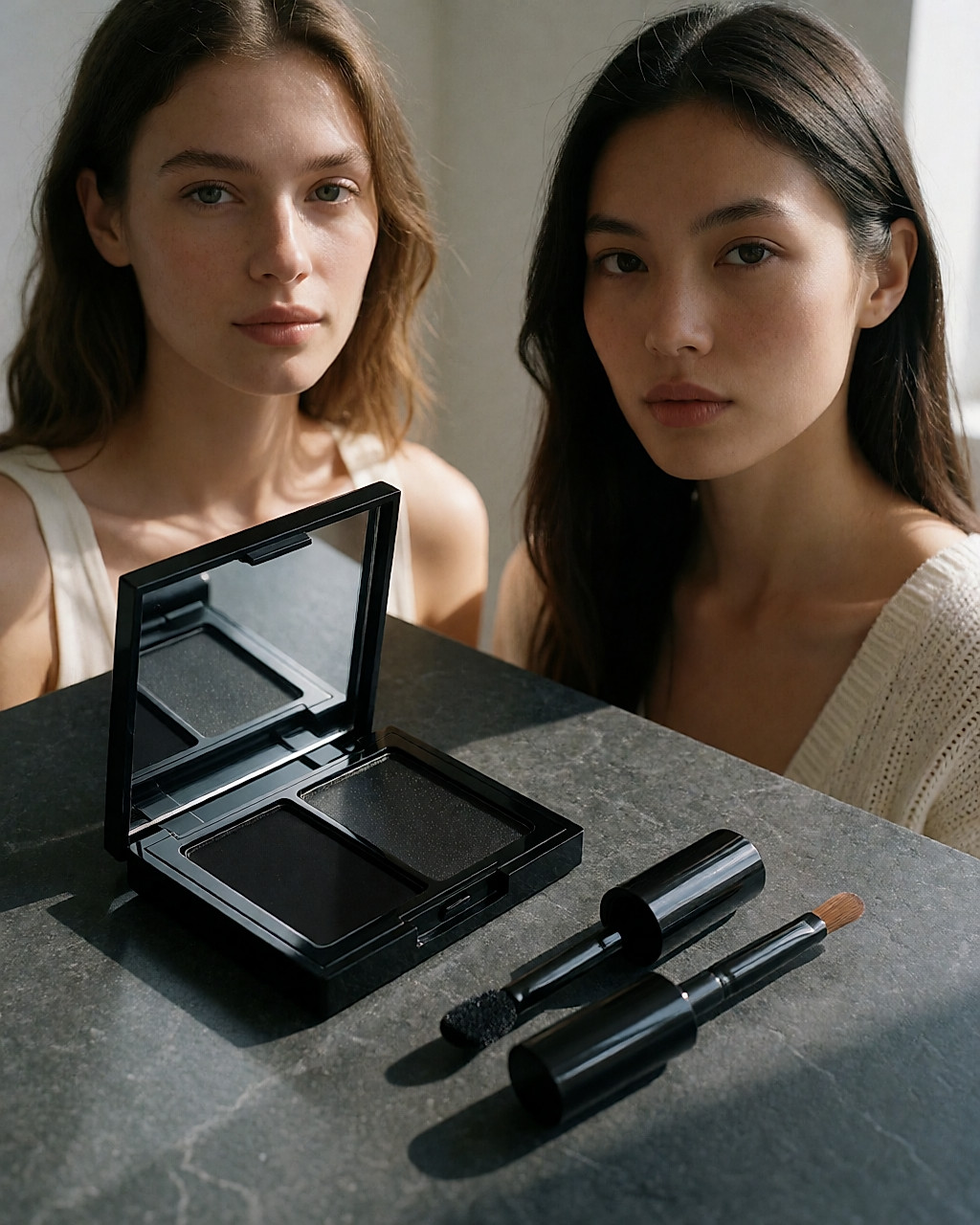 Écrin compact ouvert avec deux teintes de liner crème et deux pinceaux emboîtables