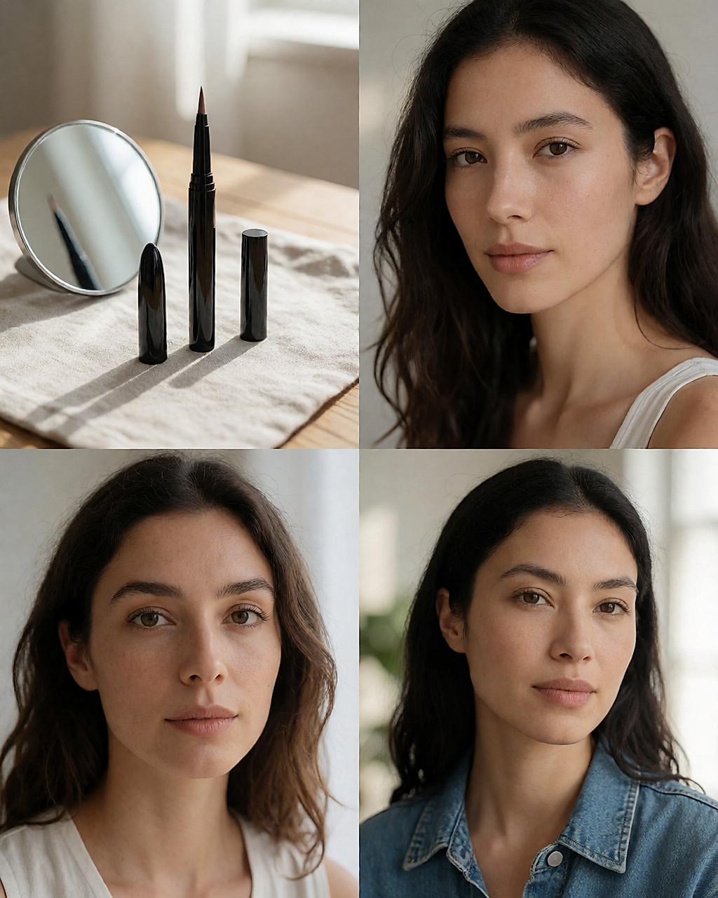 Stylo eyeliner noir à embout pinceau posé près d'un petit miroir sur un lin clair