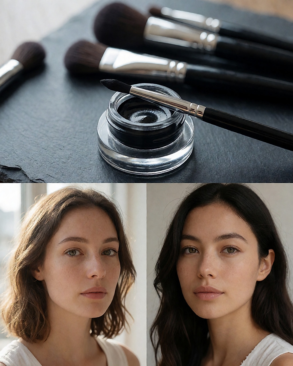 Pot de gel eyeliner en verre, couvercle ouvert, avec un pinceau fin sur un comptoir sombre
