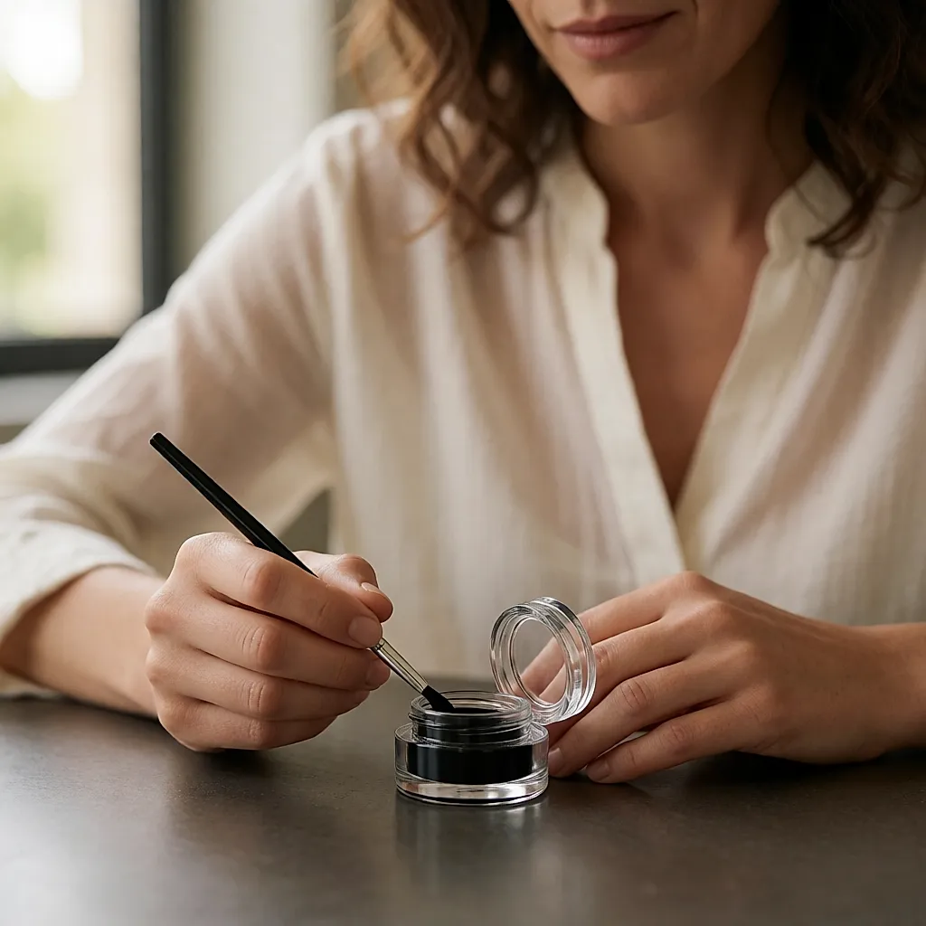 Pote de gel eyeliner em vidro, com a tampa aberta e um pincel fino, sobre uma bancada escura