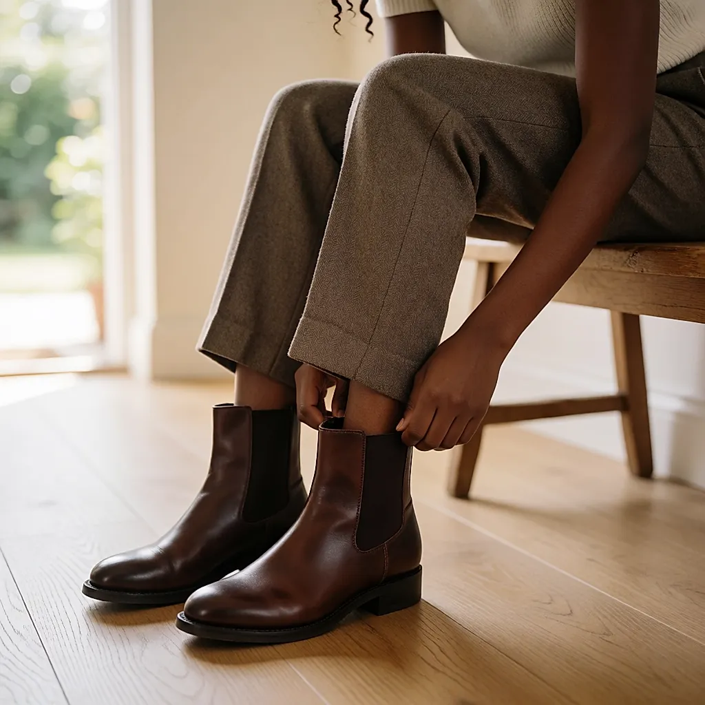 Une femme enfile des bottines en cuir patiné, marquées par l'usure et les années