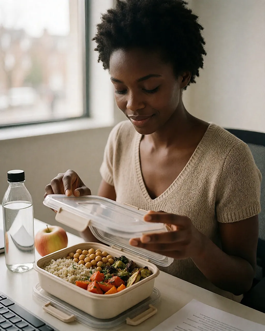 Junge Frau öffnet mittags ihre ausgewogene Lunchbox am Schreibtisch