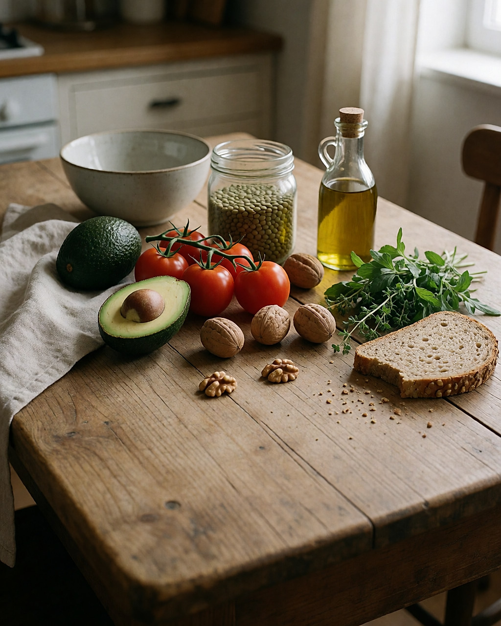 Kitchen table with whole foods: vegetables, pulses and wholemeal bread