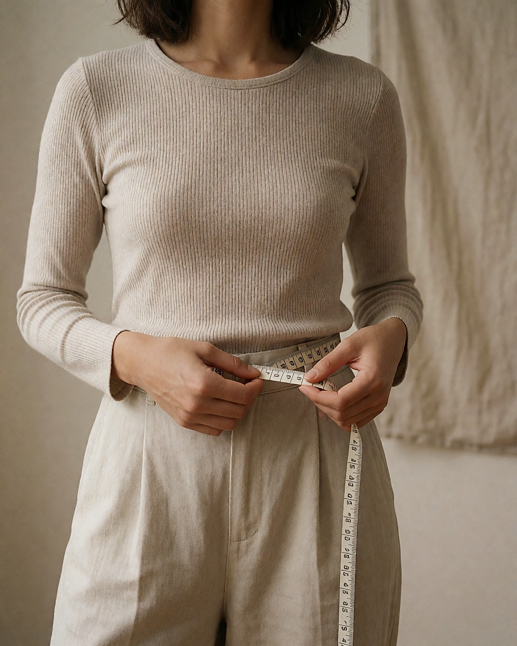 Tape measure wrapped around the waist, over clothing
