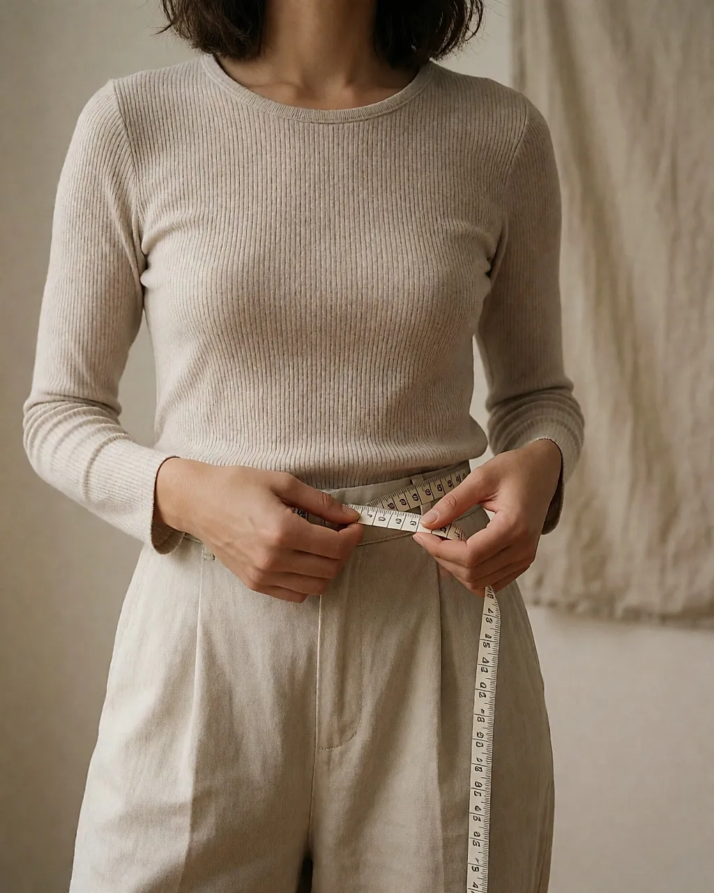 Maßband um die Taille, über der Kleidung