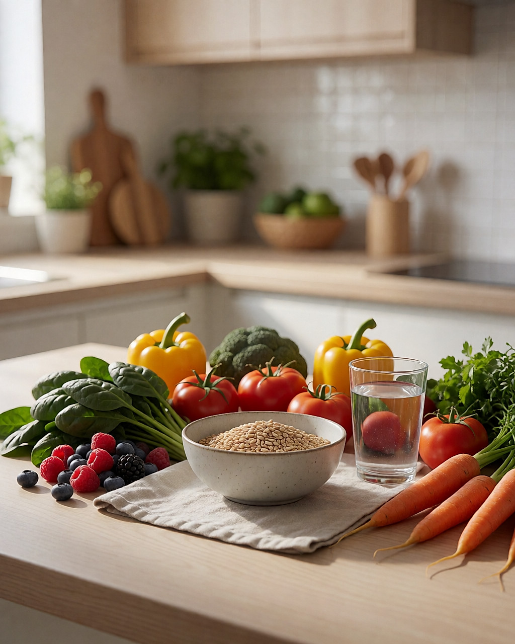 Fruits et légumes colorés, céréales complètes et verre d'eau sur un plan de travail en bois clair