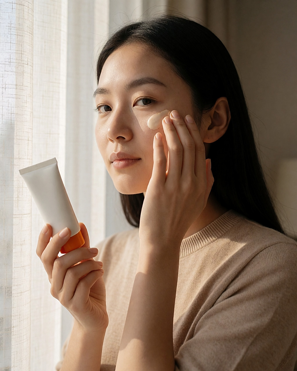 Jeune femme appliquant une protection solaire sur sa joue devant une fenêtre lumineuse