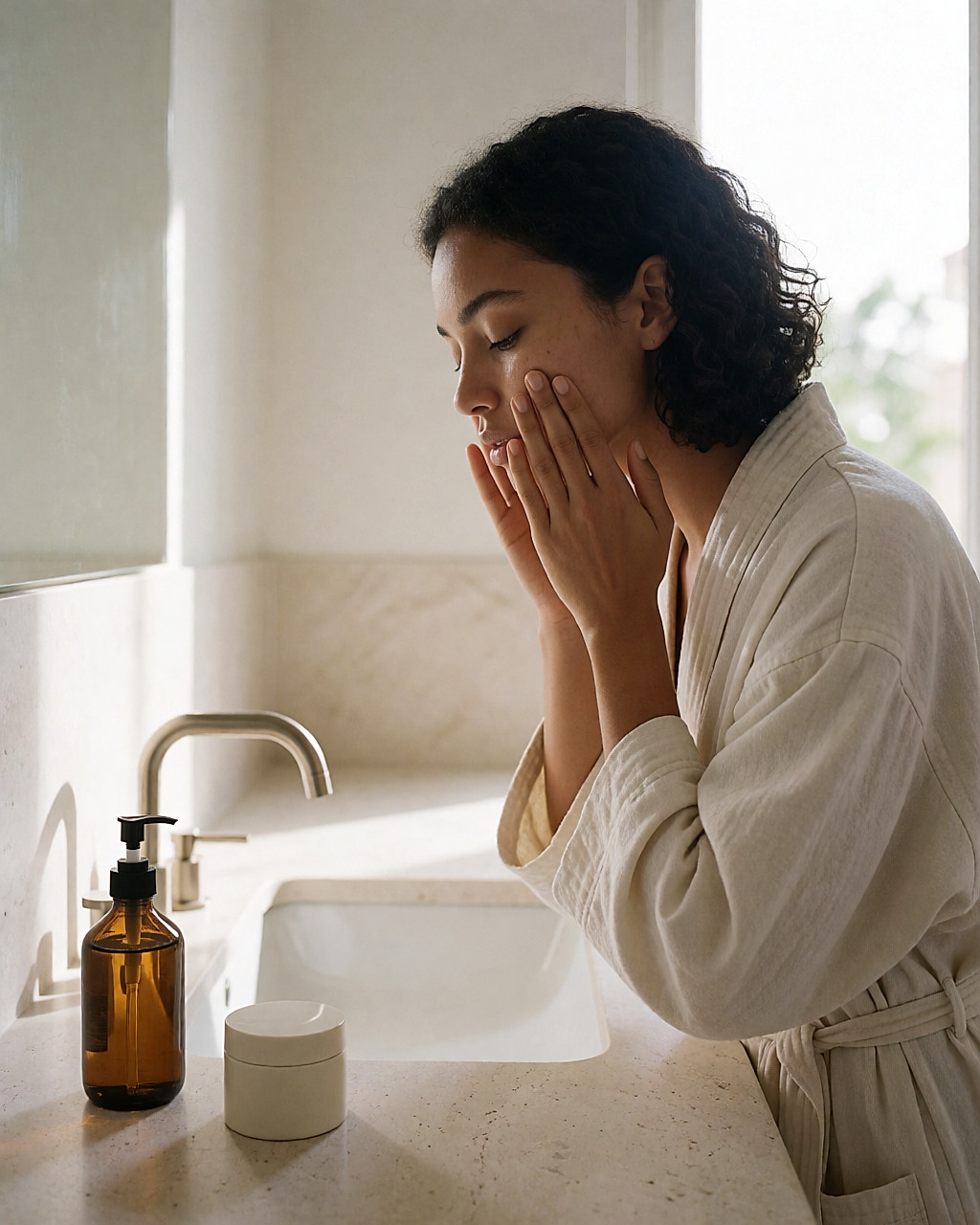 Jeune femme massant son visage devant un lavabo, produits de soin posés sur le rebord
