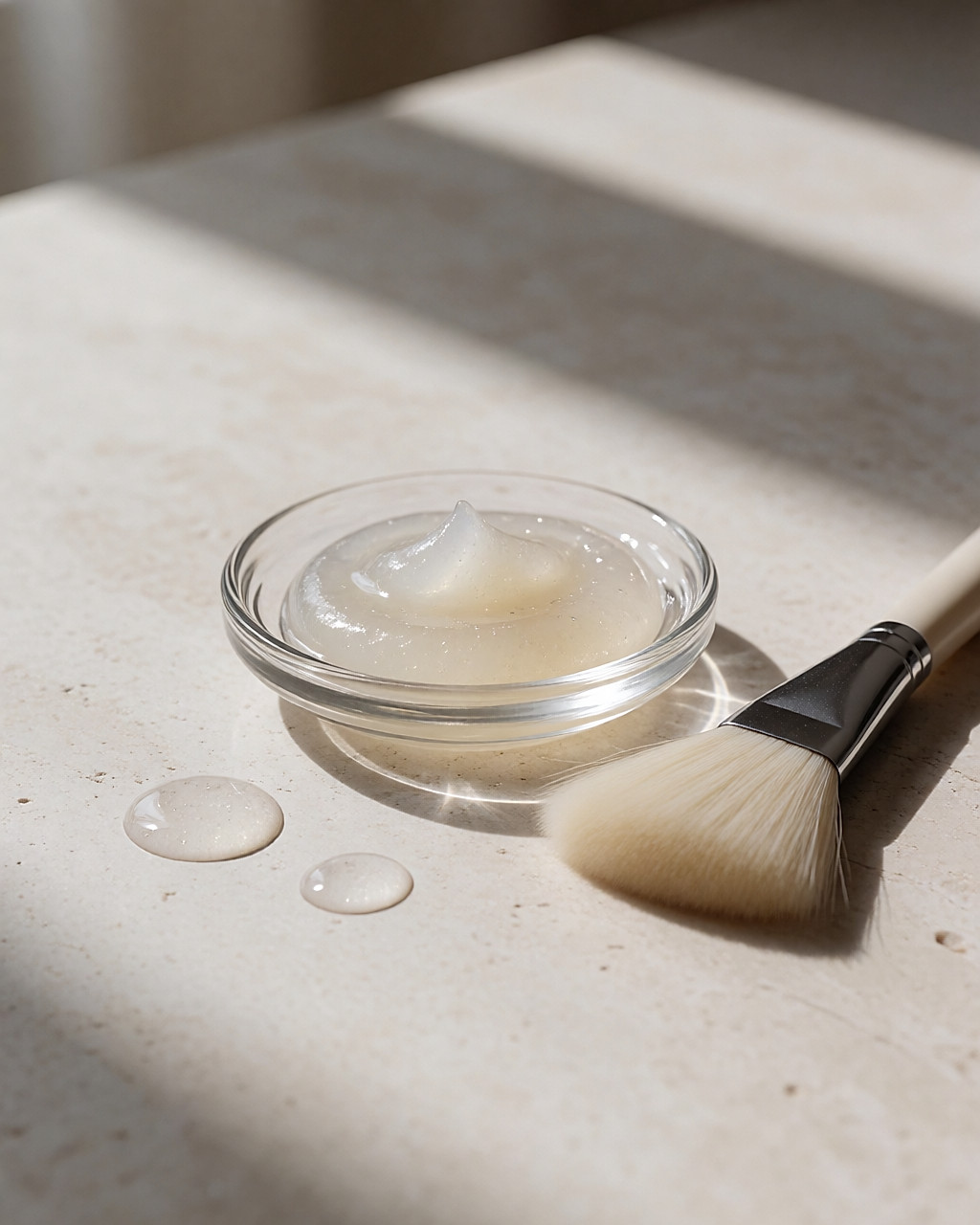 Texture d'un gel exfoliant transparent dans une coupelle en verre avec un pinceau