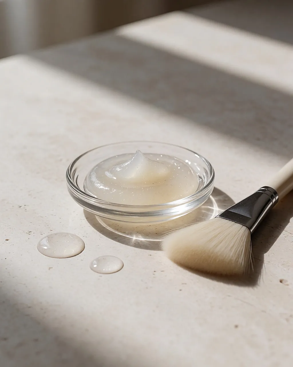 Textura de un gel exfoliante transparente en un cuenco de vidrio con una brocha