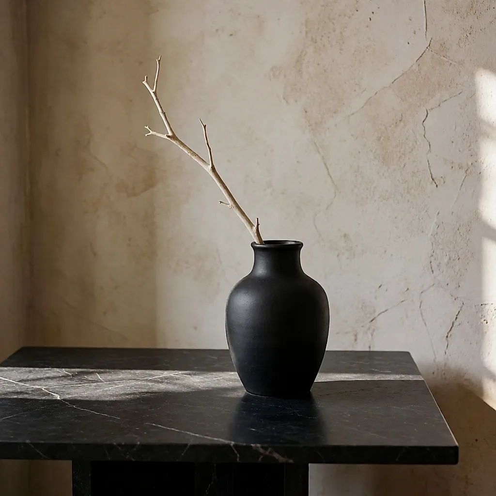Matte schwarze Vase auf dunklem Steintisch im weichen Seitenlicht