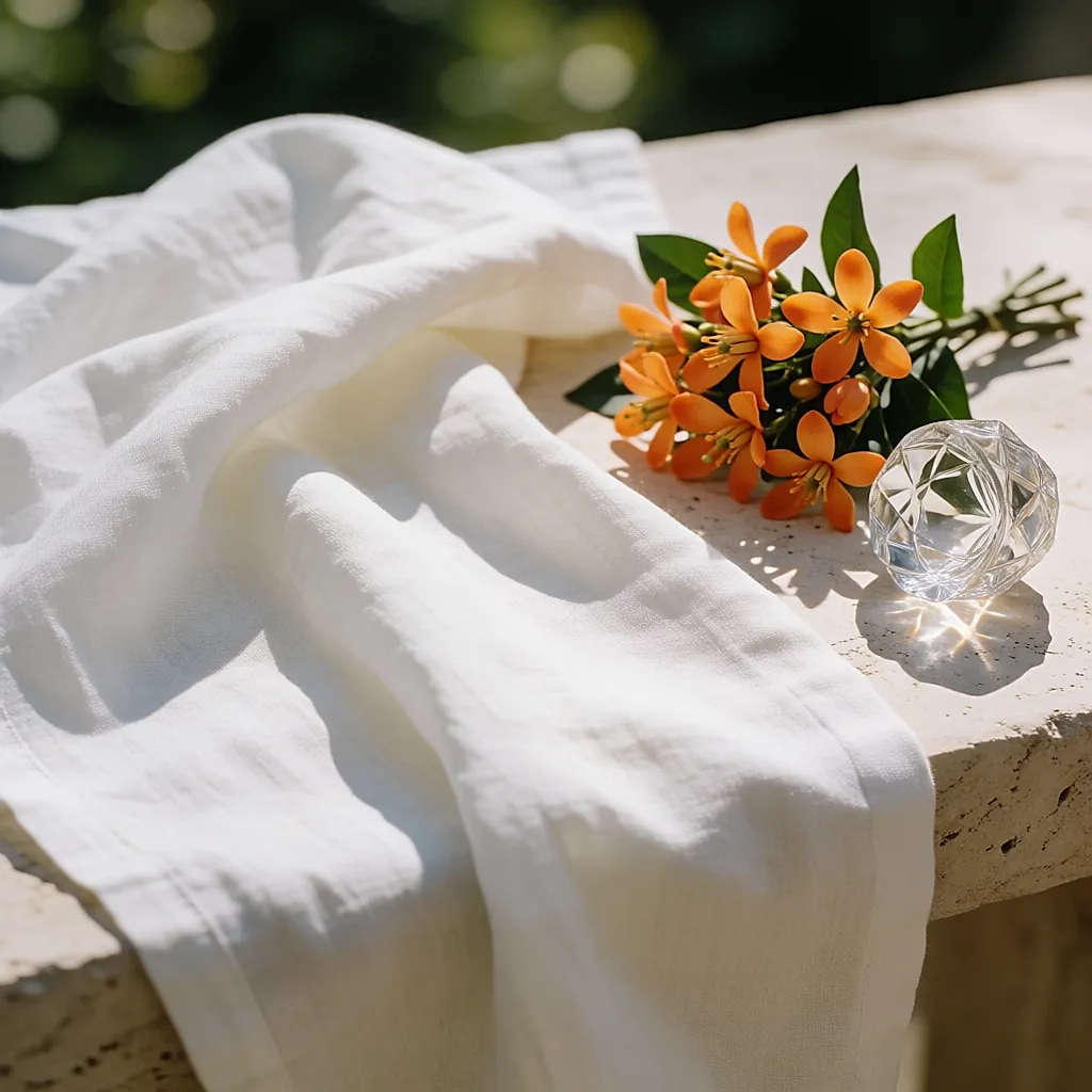 Weißes Leinen, Orangenblüten und ein klarer Kristall auf hellem Stein