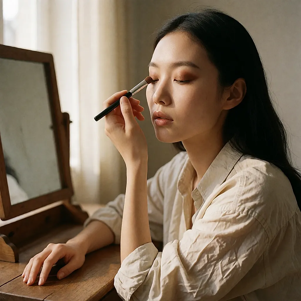 一位女性用指腹把古铜色膏状眼影在眼皮上晕开