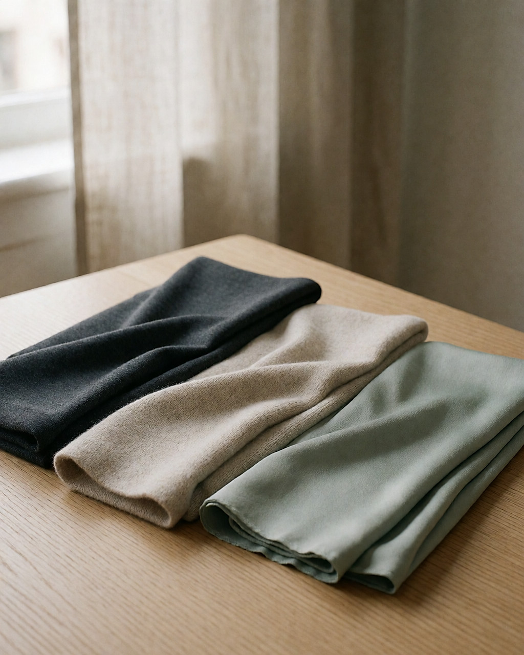 Trois textiles techniques pliés sur une table en chêne : jersey mat, maille mérinos, lyocell fluide