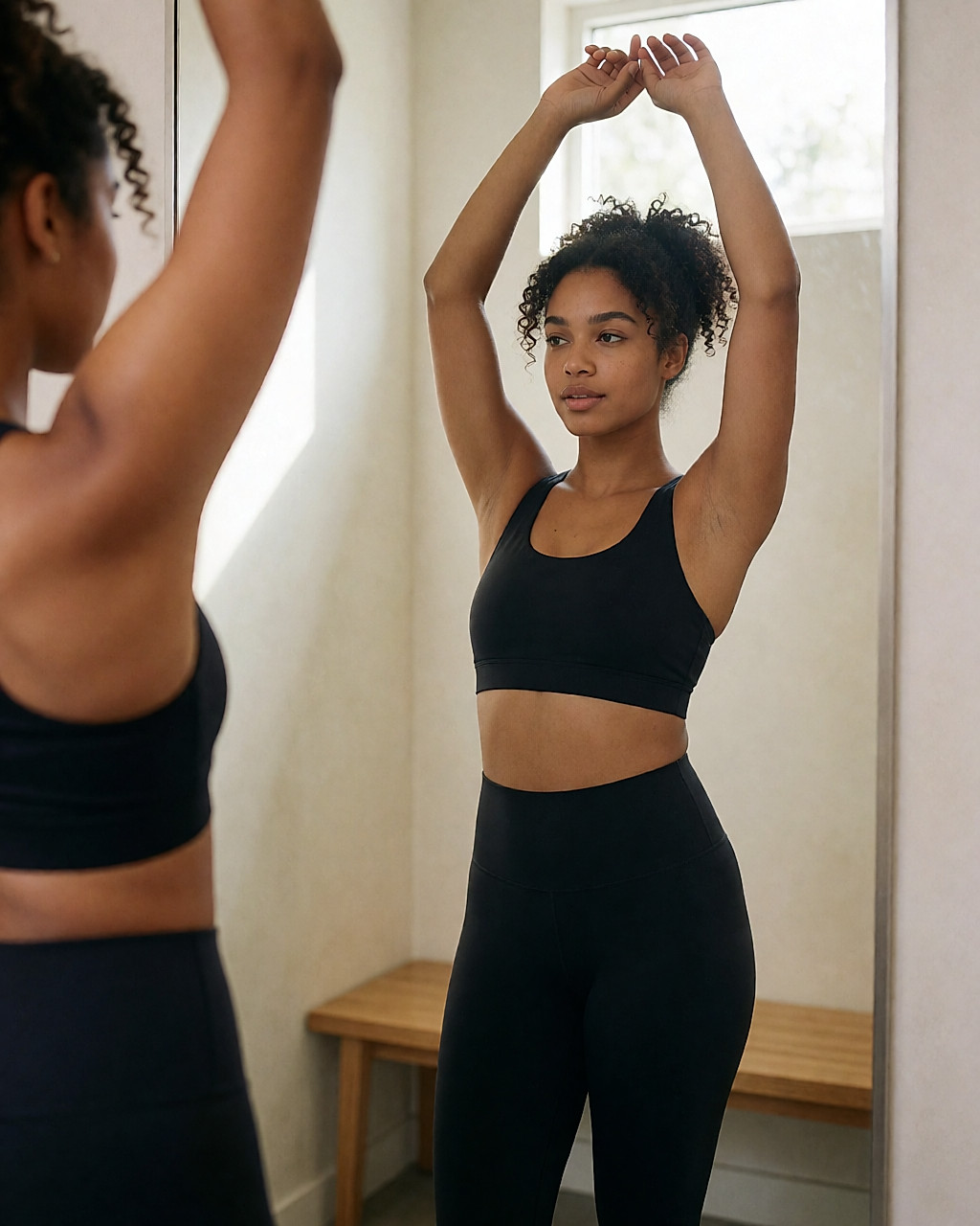 Dans une cabine d'essayage, une femme bras levés vérifie le maintien de sa brassière de sport