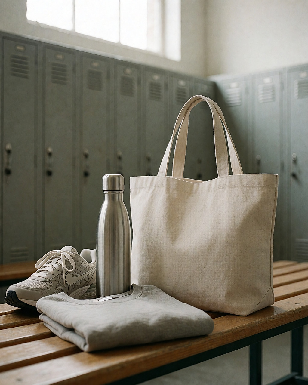 Gourde en inox et tote bag en toile posés sur un banc de vestiaire
