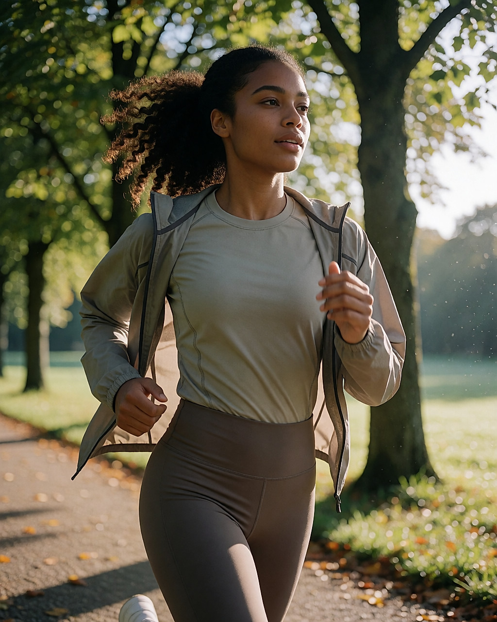 Coureuse matinale sur une allée de parc, tenue technique et coupe-vent ouvert