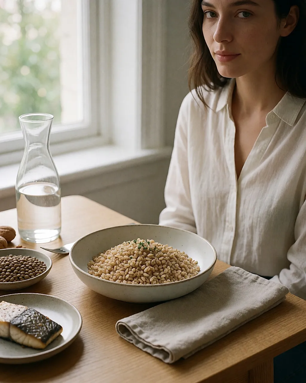 Bol de cereales integrales y legumbres sobre una mesa de roble claro junto a una ventana, con una jarra de agua