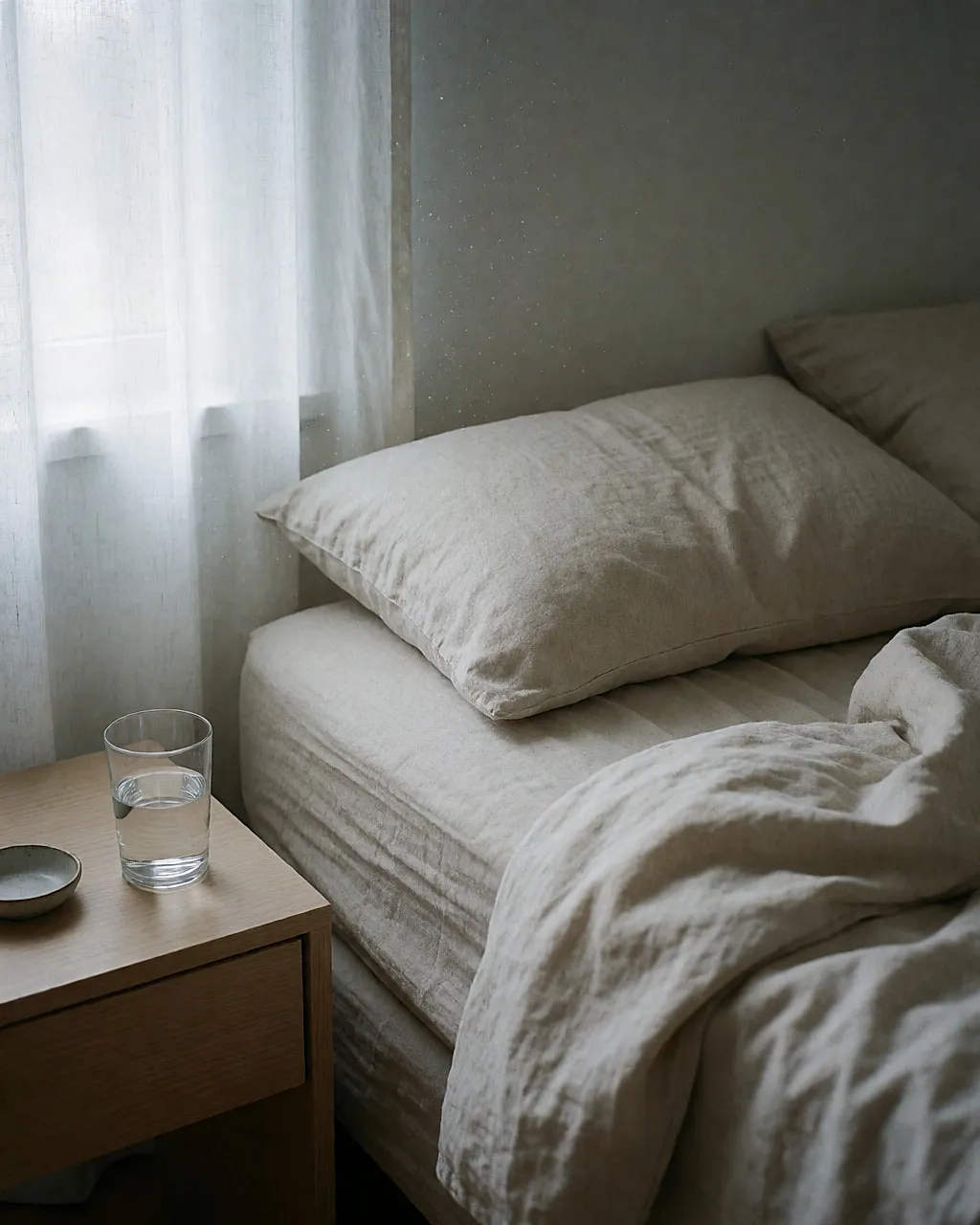 Cama deshecha por la mañana, sábanas de lino arrugadas y un vaso de agua sobre la mesilla, luz suave