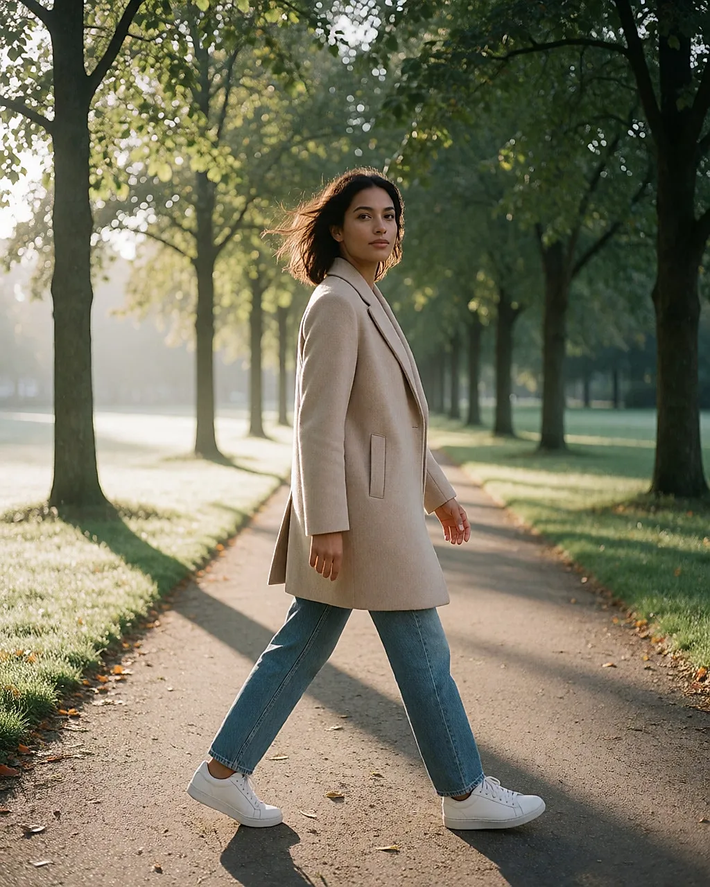 Mujer joven caminando por un parque al amanecer, abrigo beis y zapatillas, luz dorada entre los árboles