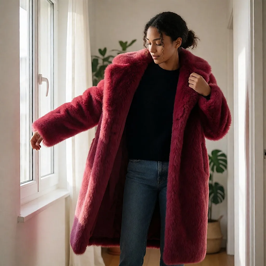 Femme enfilant un manteau en fausse fourrure framboise à poil long dans une entrée lumineuse