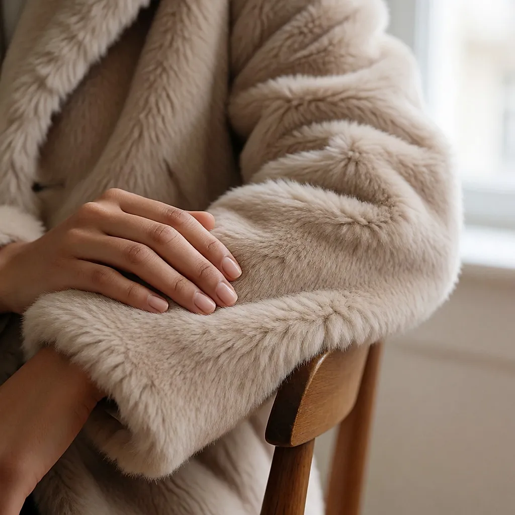 Détail d'une main lissant le poil court d'une manche de manteau en fausse fourrure beige