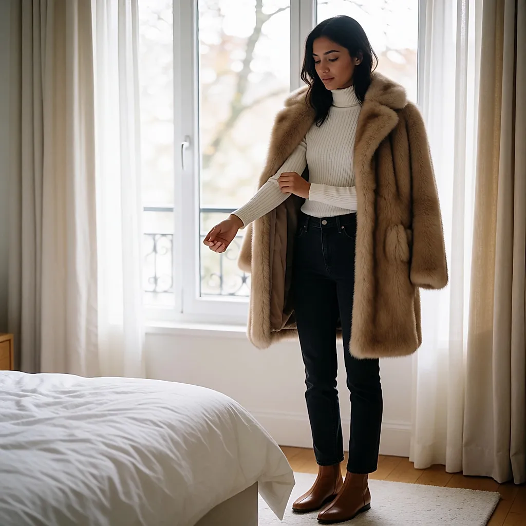Silhouette fine sous un manteau fausse fourrure ouvert : col roulé mérinos et jean droit