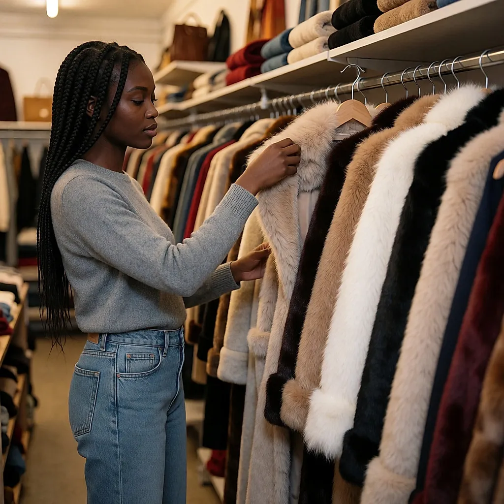 Femme parcourant un portant de manteaux en fausse fourrure d'occasion en friperie