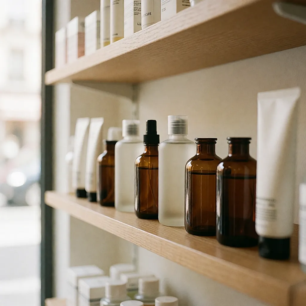 Un rayon de pharmacie aux références resserrées, flacons de verre et tubes bien espacés