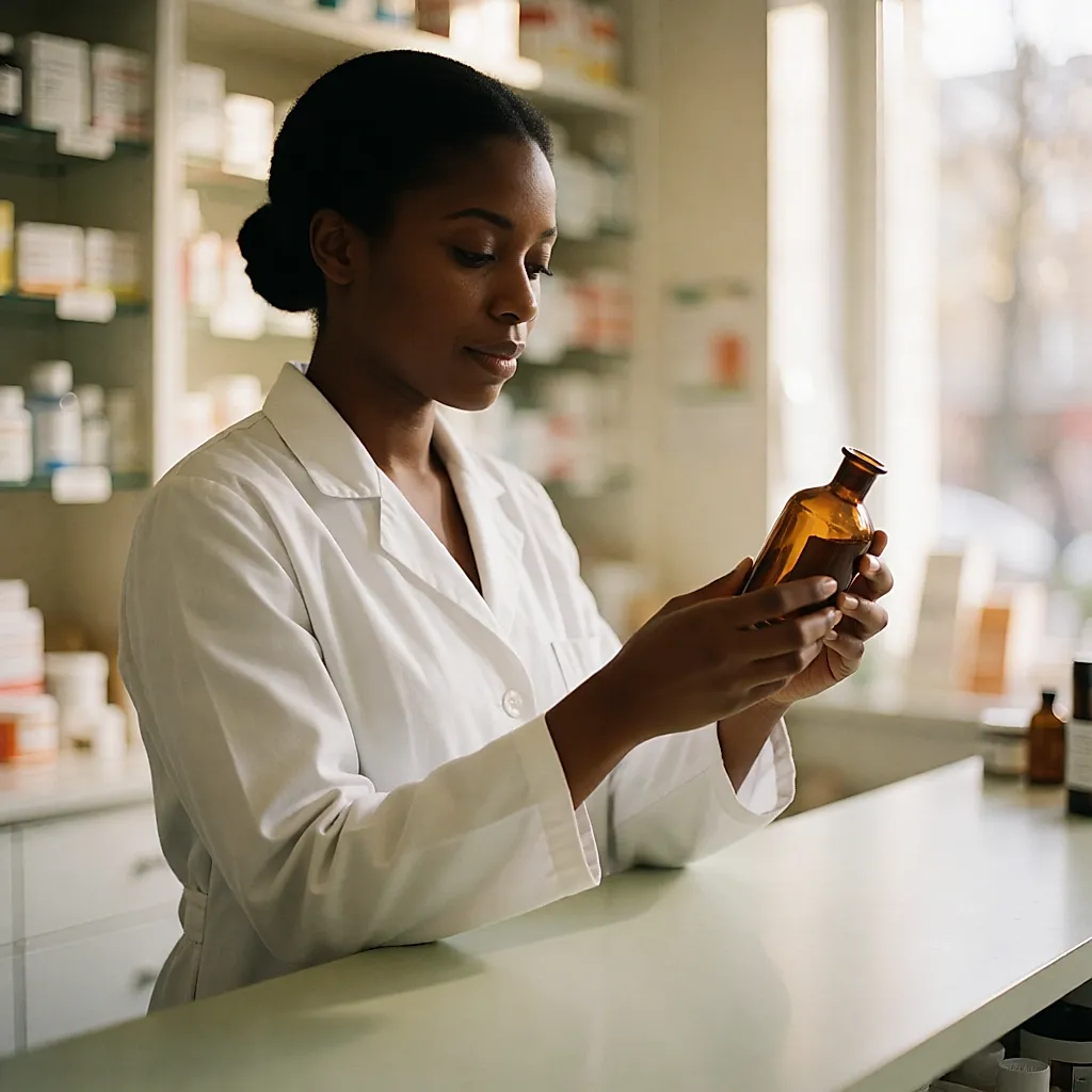 Une pharmacienne lit l'étiquette d'un flacon en verre ambré derrière son comptoir