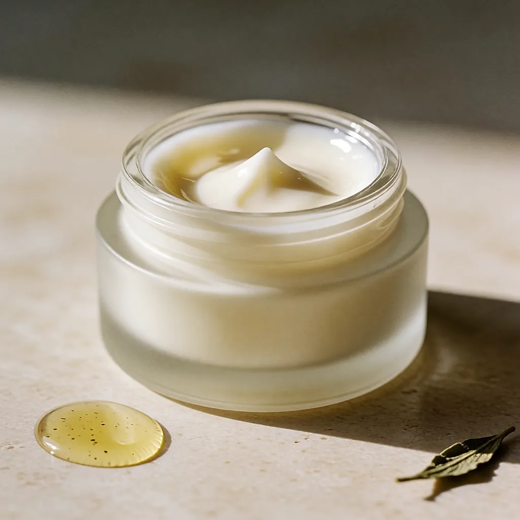 Texture épaisse d'une crème naturelle dans un pot en verre dépoli