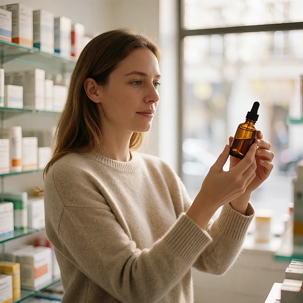 Une cliente examine un flacon de sérum en verre ambré dans une pharmacie