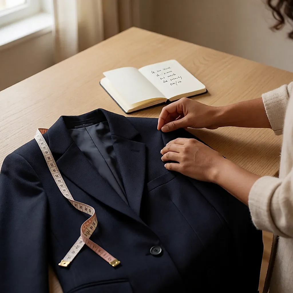 Mètre ruban courbé sur l'épaule d'un blazer bleu marine posé sur une table
