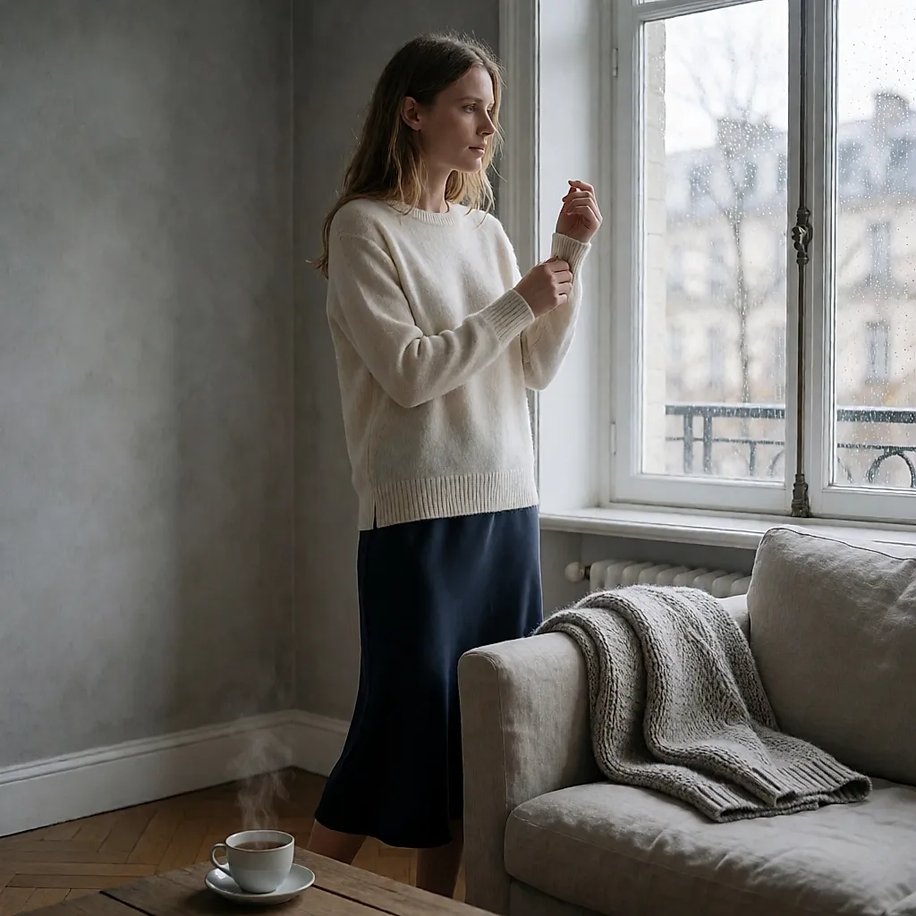 Maille fine crème portée en layering sur une robe slip bleu marine